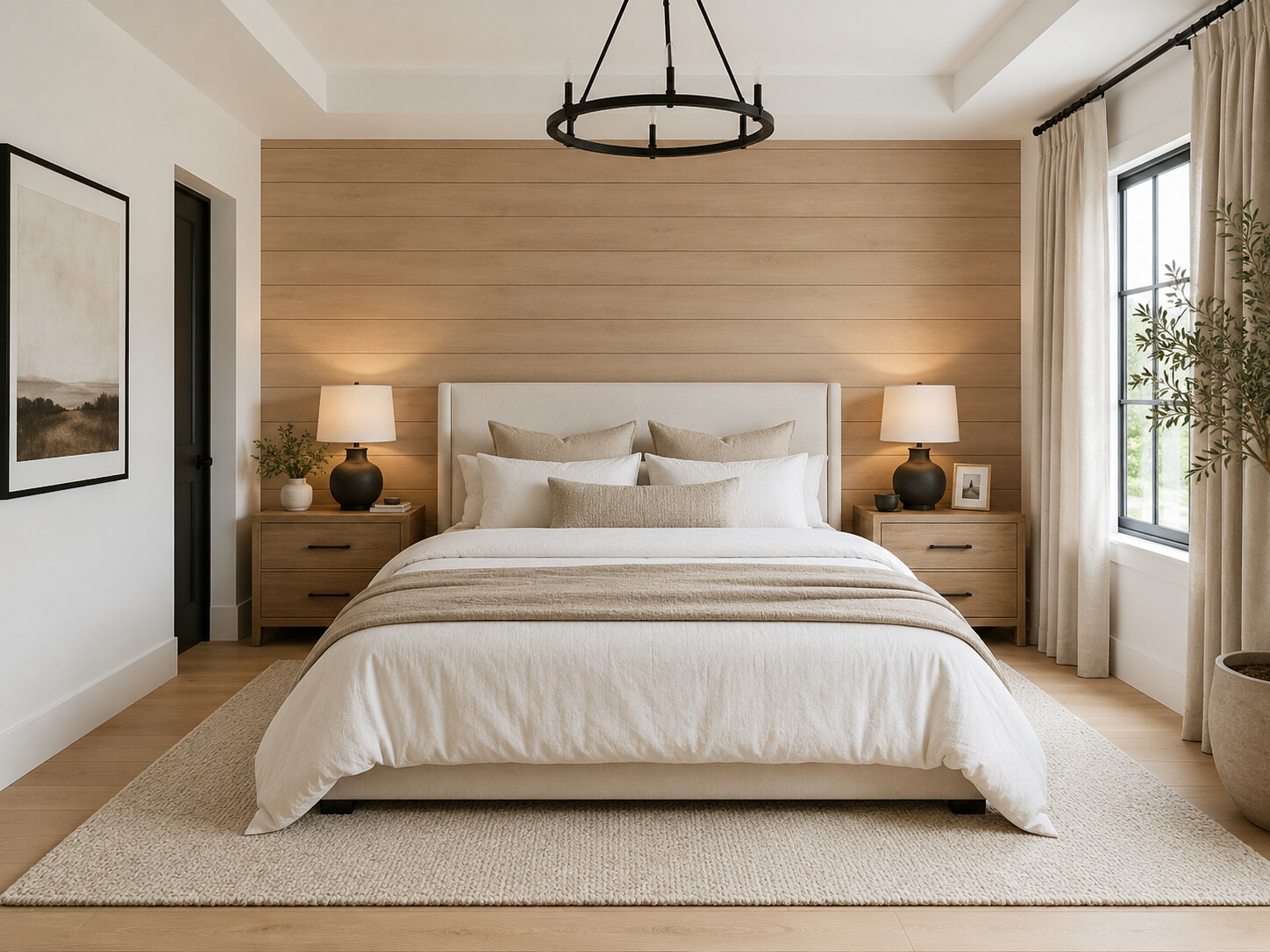Phòng ngủ Farmhouse với đầu giường ốp gỗ nan và đèn chùm