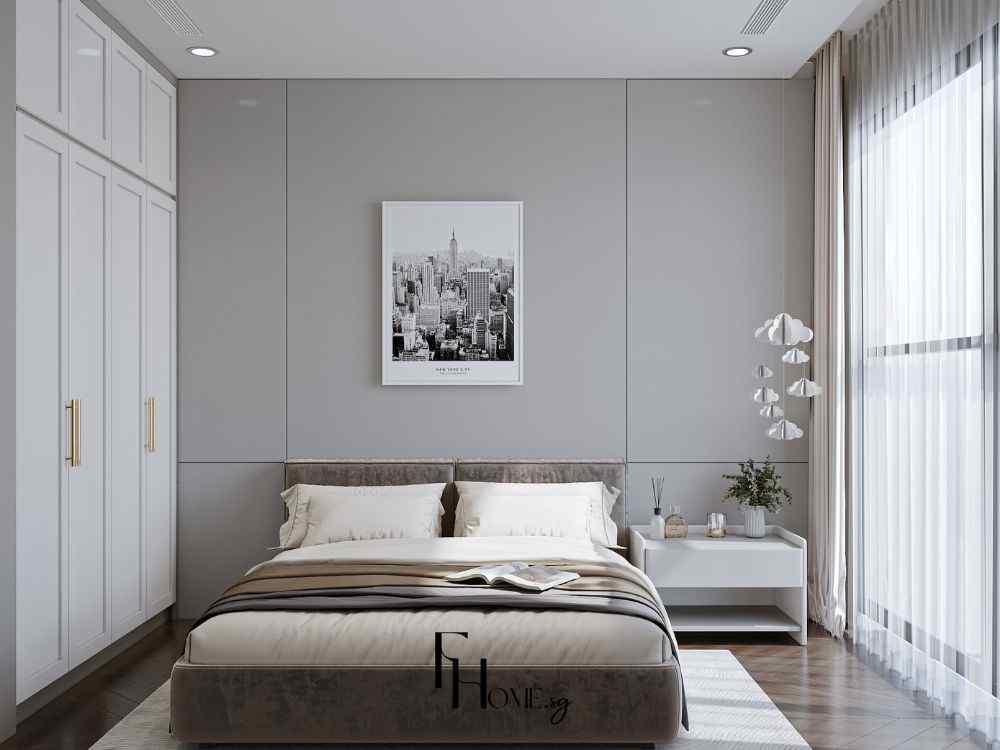 Phòng ngủ hiện đại sáng sủa, tường xám trơn, tủ áo cánh phẳng và tranh đen trắng