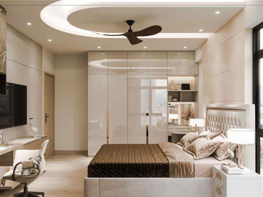 Phòng ngủ hiện đại sang trọng với giường bọc nệm nhung màu nâu, tủ áo bóng gương lớn