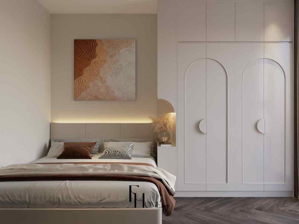 Phòng ngủ hiện đại tông be nâu có giường đôi bọc nệm, tủ áo cánh cong