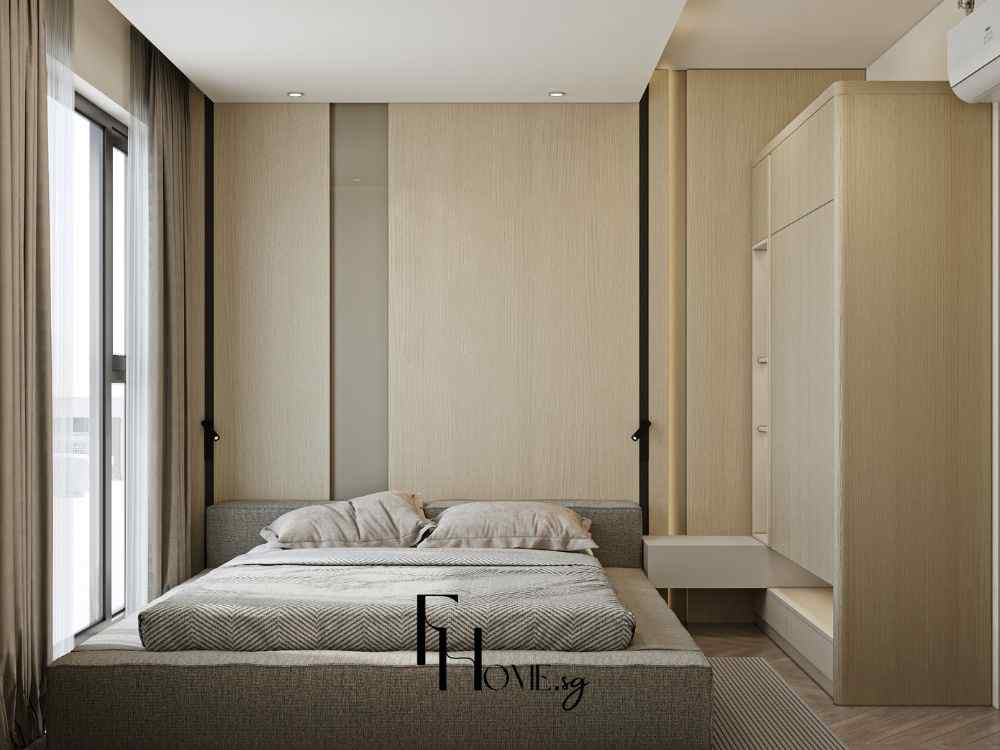 Phòng ngủ hiện đại tông gỗ sáng với giường bọc nệm xám, tủ âm tường