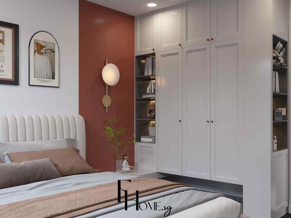 Phòng ngủ hiện đại tông nâu ấm, tủ âm tường cao kịch trần kết hợp kệ decor tinh tế