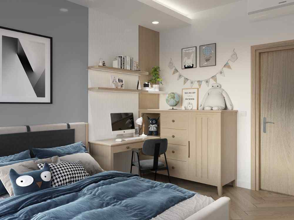 Phòng ngủ hiện đại trẻ trung, nội thất gỗ sáng màu cùng bàn học nhỏ gọn cạnh giường