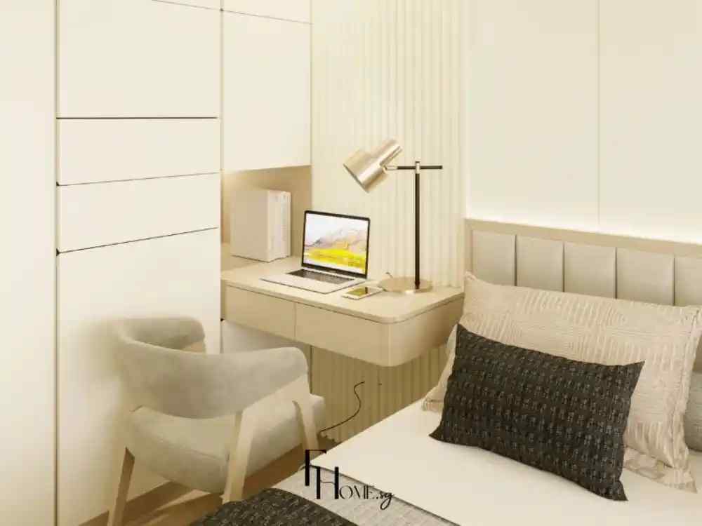 Phòng ngủ hiện đại với bàn làm việc gắn tường cạnh giường, đèn bàn và ghế bọc nỉ xám