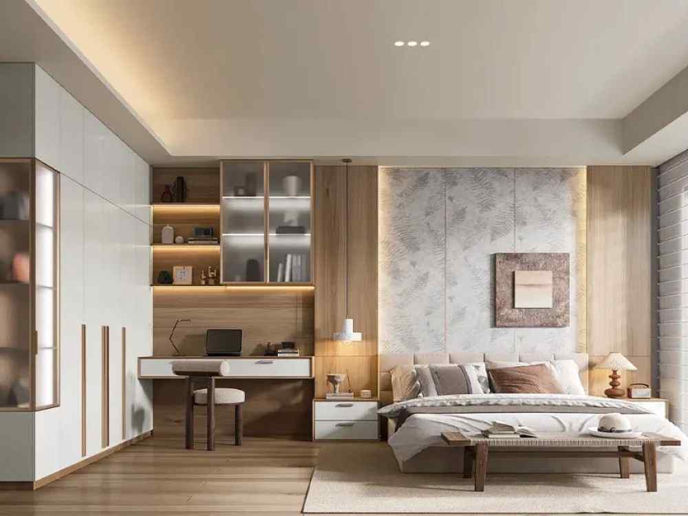 Phòng ngủ hiện đại với tông be sáng, tường ốp gỗ và hệ tủ liền bàn làm việc sang trọng