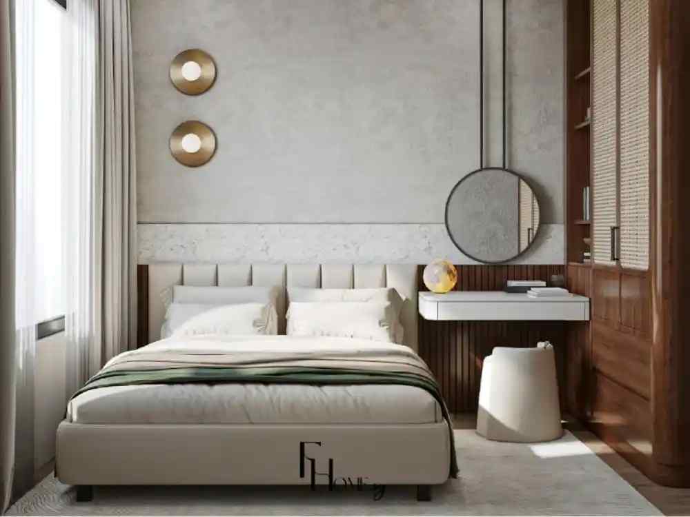 Phòng ngủ hiện đại với tông màu trung tính, giường bọc nệm kem, tường đầu giường ốp đá mảnh