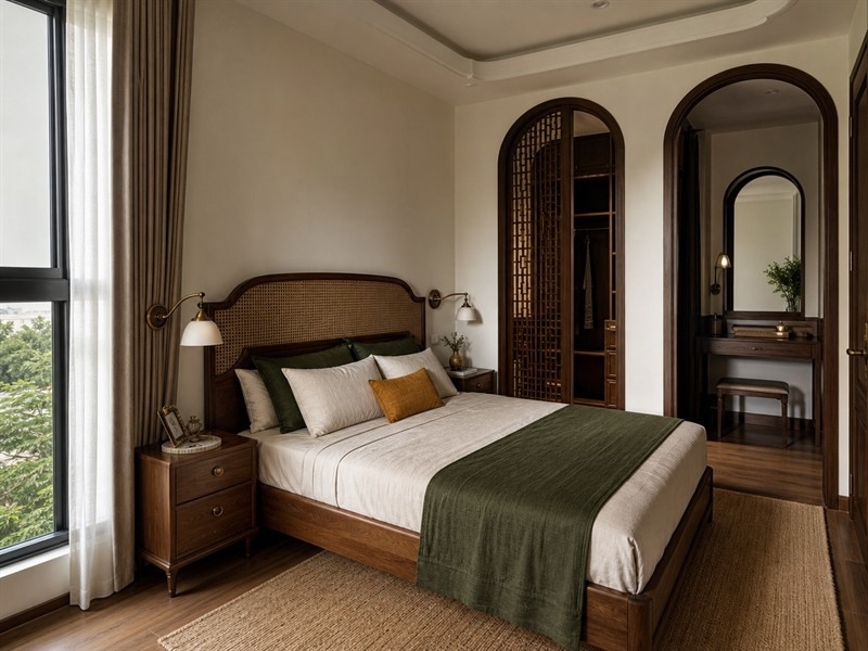 Phòng ngủ Indochine có cửa vòm dẫn vào khu thay đồ