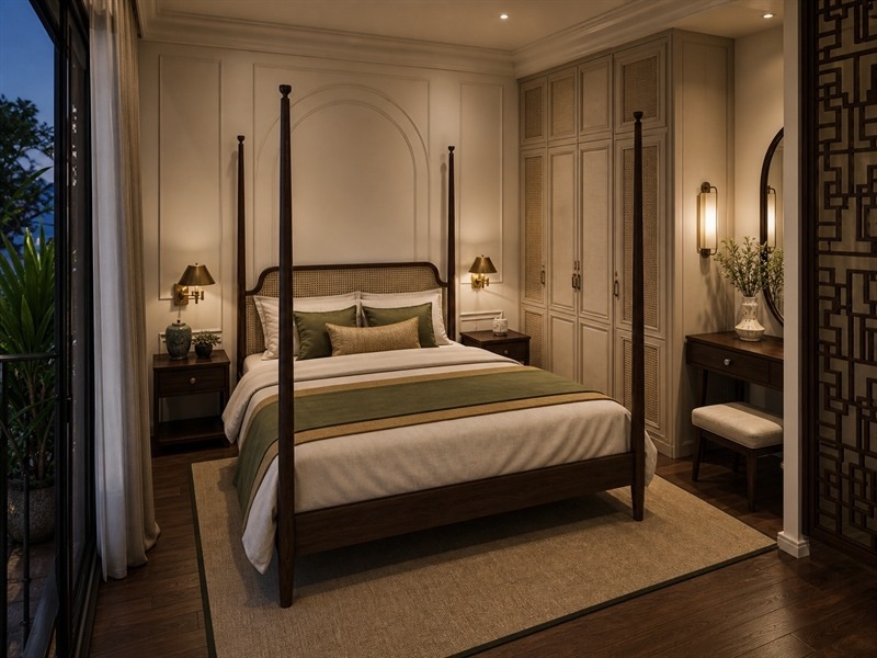 Nội thất phòng ngủ Indochine có giường cọc gỗ và tủ mây đan