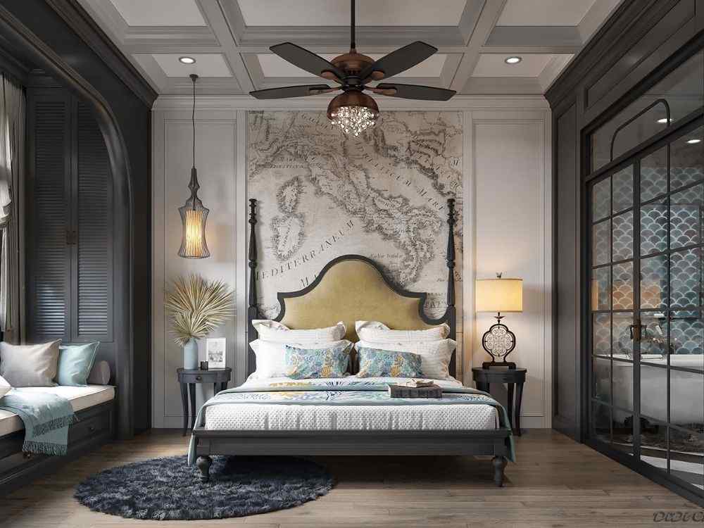 Phòng ngủ Indochine, giường khung gỗ, đầu giường cong, trần ốp ô vuông, đèn cổ điển