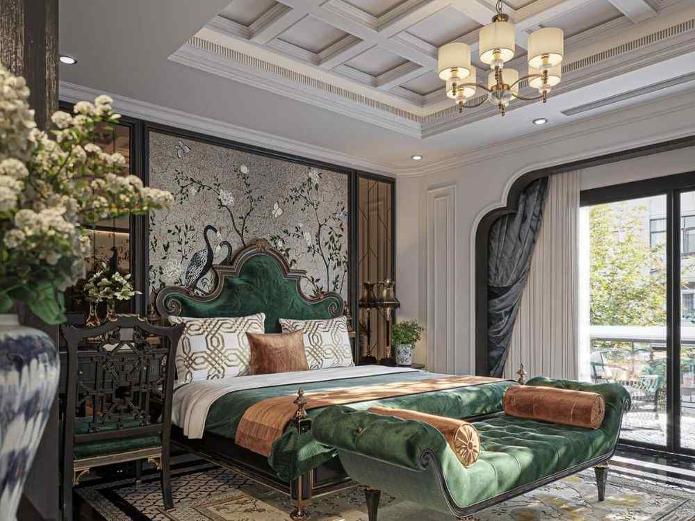 Phòng ngủ Indochine, giường nhung xanh, họa tiết chim hạc, trần giật cấp, cửa kính lớn
