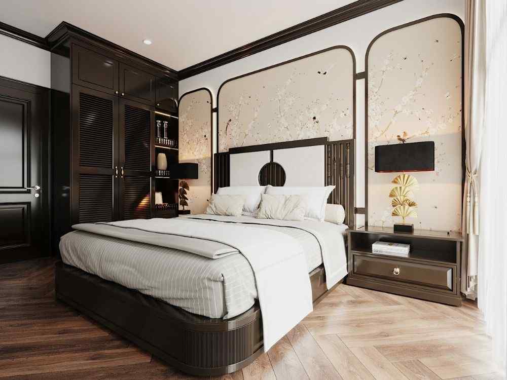 Phòng ngủ Indochine, nội thất gỗ sậm, đầu giường họa tiết tròn, ánh sáng tự nhiên nhẹ