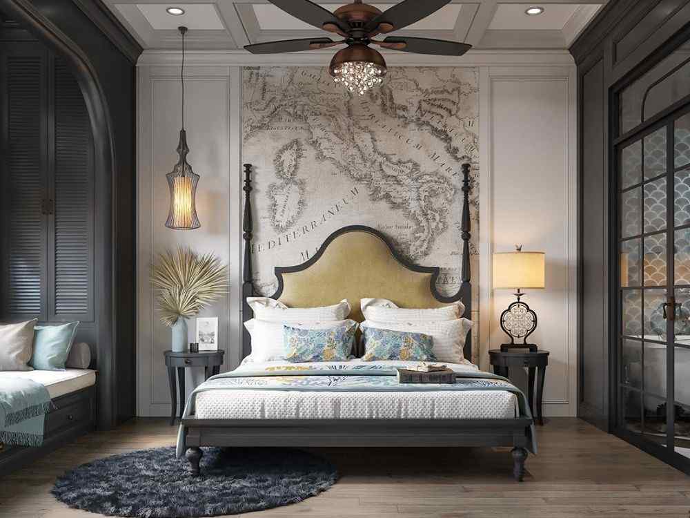 Phòng ngủ Indochine sang trọng, đầu giường bọc nhung vàng, tường tranh bản đồ cổ,