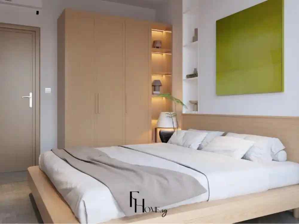 Phòng ngủ Japandi ấm cúng với nội thất gỗ sồi sáng, giường thấp kiểu Nhật và tủ âm tường tích hợp kệ mở