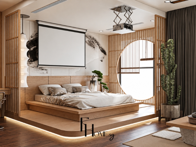 Phòng ngủ Japandi với màn chiếu, cửa tròn, vách gỗ slat và cây xương rồng