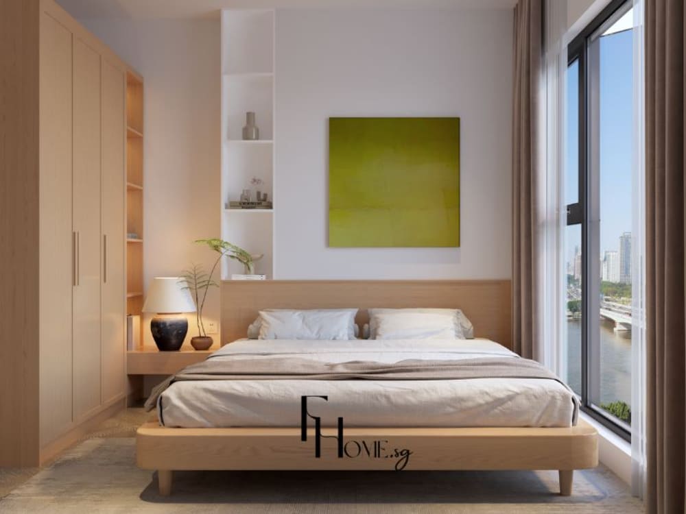 Phòng ngủ Japandi với gam màu be sáng và tranh treo tường xanh lá nhạt