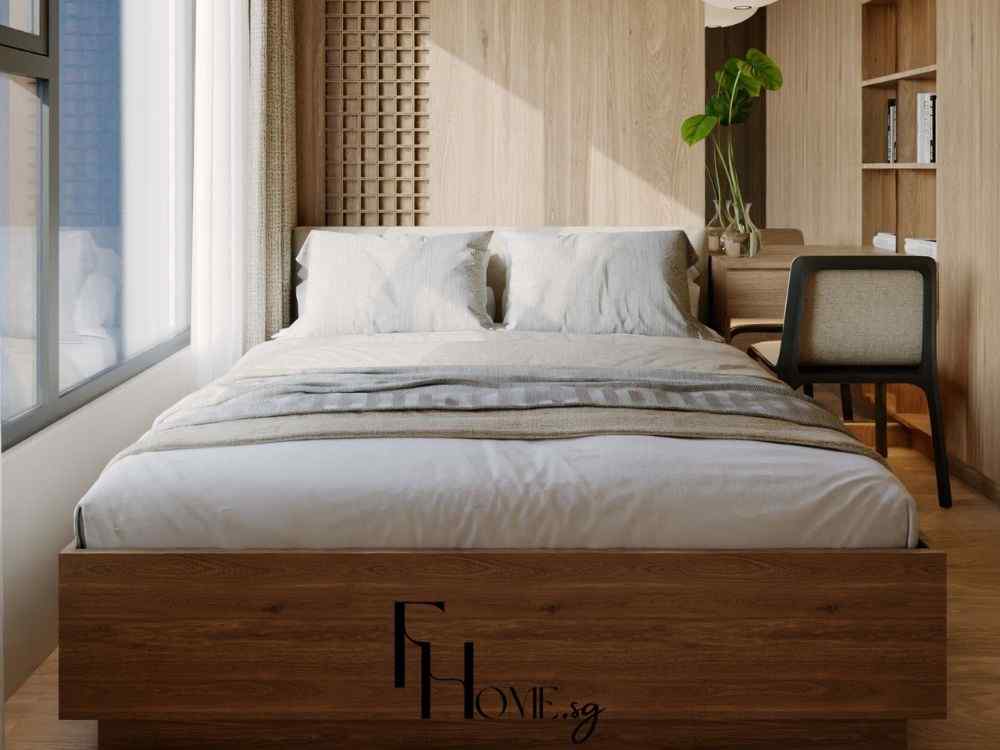 Phòng ngủ Japandi với giường gỗ thấp, ga màu be sáng