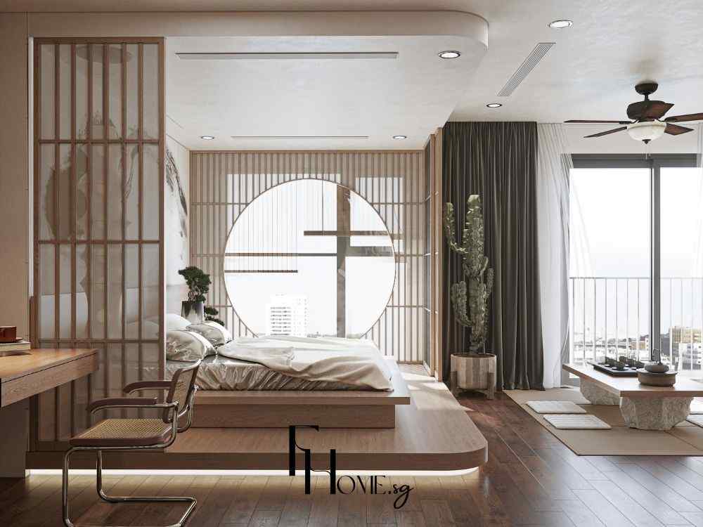 Phòng ngủ Japandi với giường gỗ thấp, vách nan trượt, cửa sổ lớn