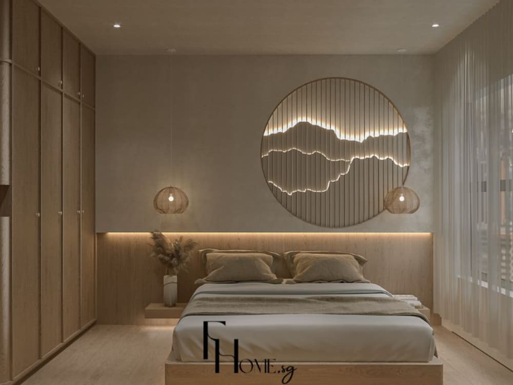 Phòng ngủ Japandi với tông màu be và nâu nhạt, trang trí tường tròn có ánh sáng hắt nhẹ