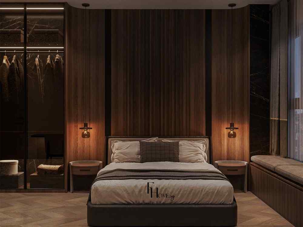 Phòng ngủ Luxury với tường bọc nỉ xám, đèn chùm pha lê lớn, chăn lông trắng sang trọng