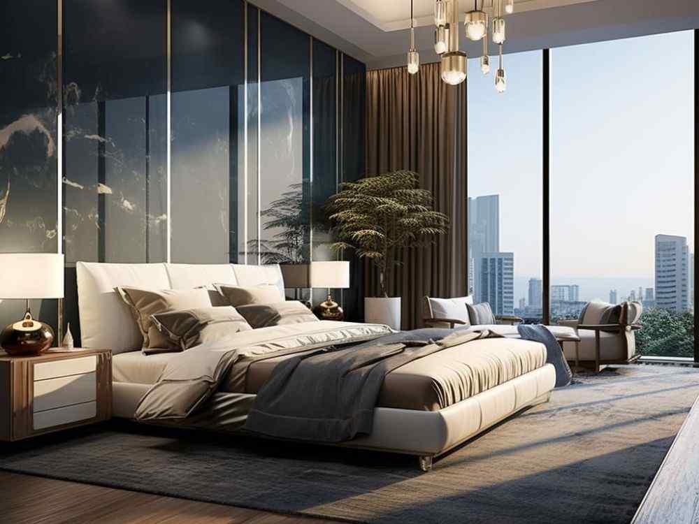 Phòng ngủ master cao cấp với cửa kính toàn cảnh hướng thành phố, giường lớn tone xám be