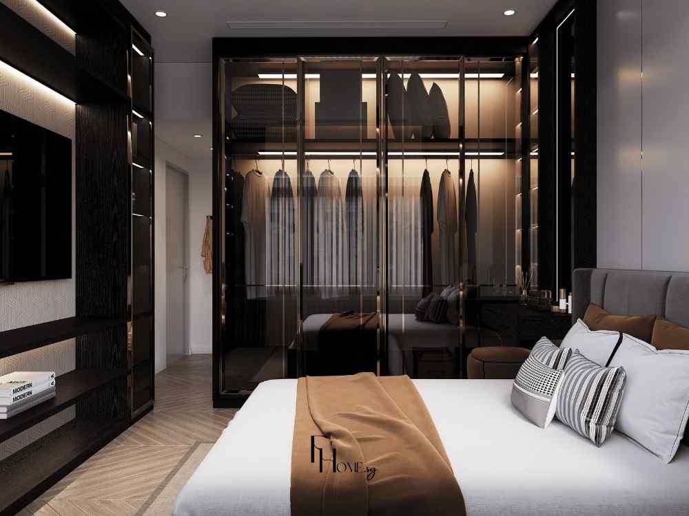Phòng ngủ master hiện đại với tủ quần áo kính tối màu, giường bọc nệm xám