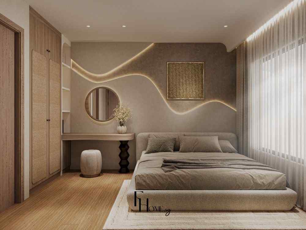 Phòng ngủ master tone be sáng phong cách Wabi Sabi, tường uốn lượn ánh đèn