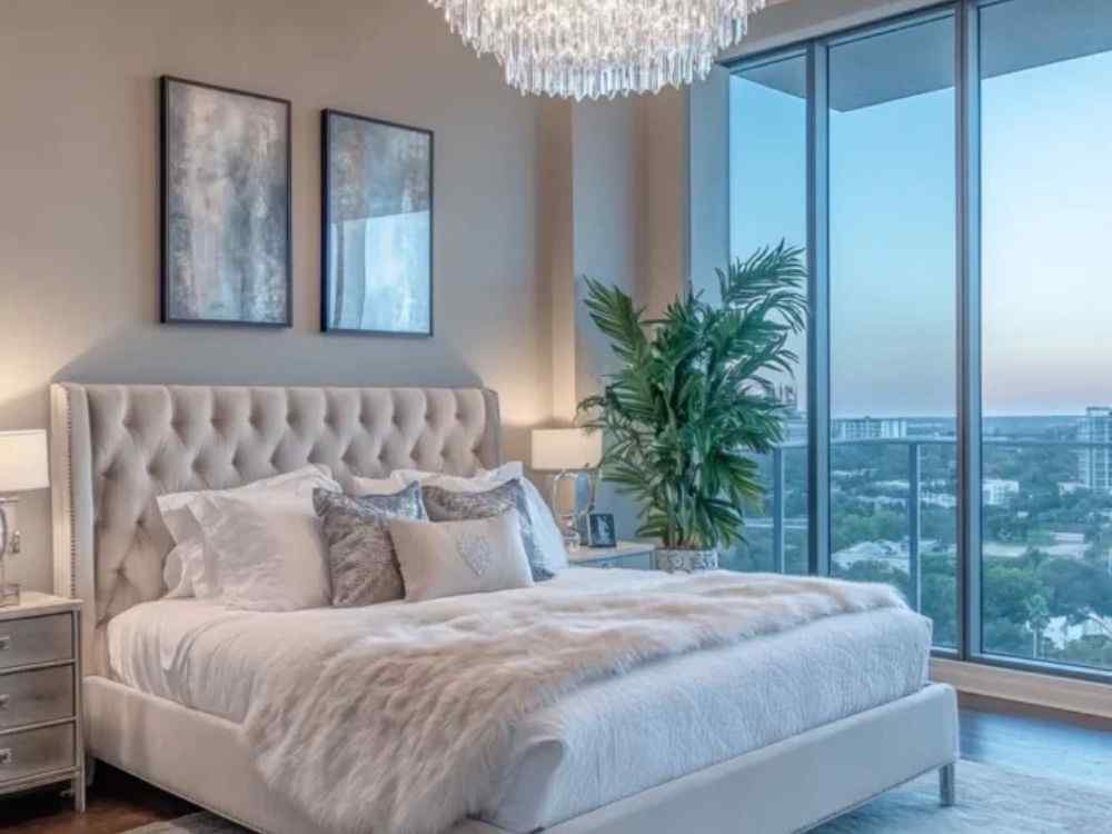 Phòng ngủ master trang nhã với giường bọc nệm cao, đèn chùm pha lê và cửa kính lớn