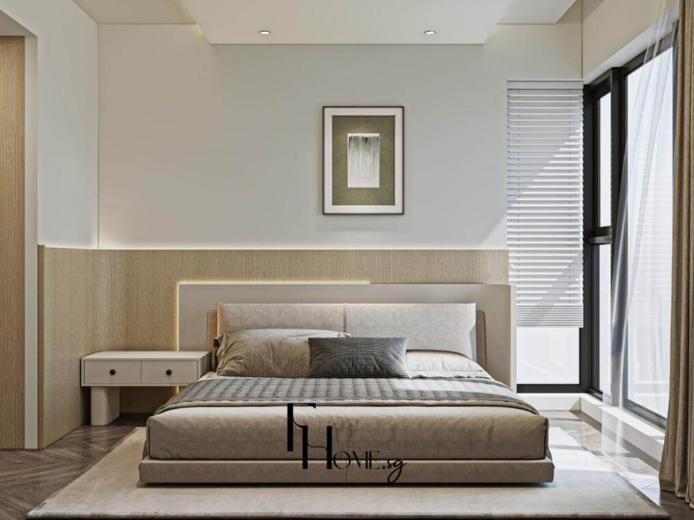 Phòng ngủ phong cách tối giản với giường đơn giản màu sắc trắng, be tạo không gian thư giãn.