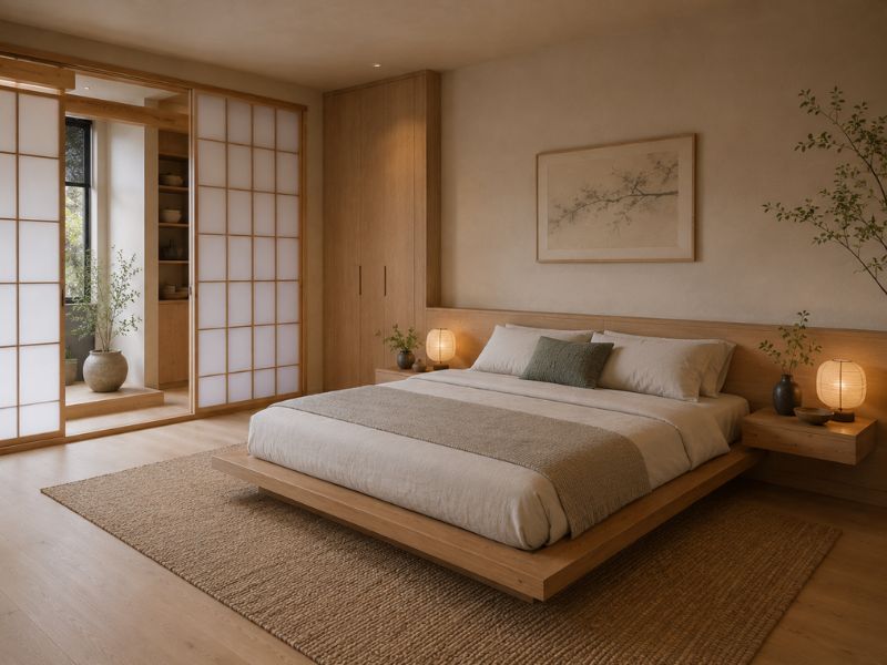phòng ngủ nhà phố phong cách Nhật Bản giường thấp cửa trượt Shoji