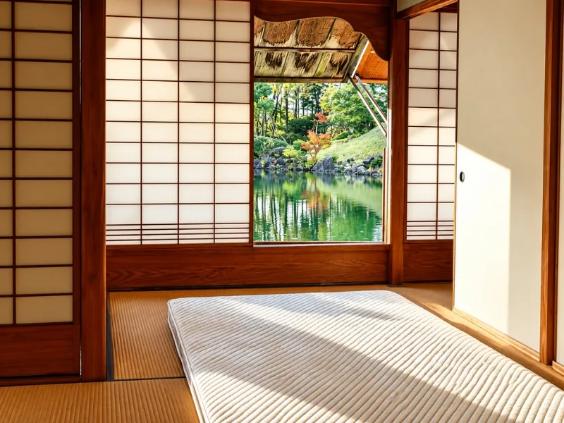 Phòng ngủ phong cách Nhật Bản trải đệm futon cạnh cửa shoji mở tầm nhìn ra khu vườn.