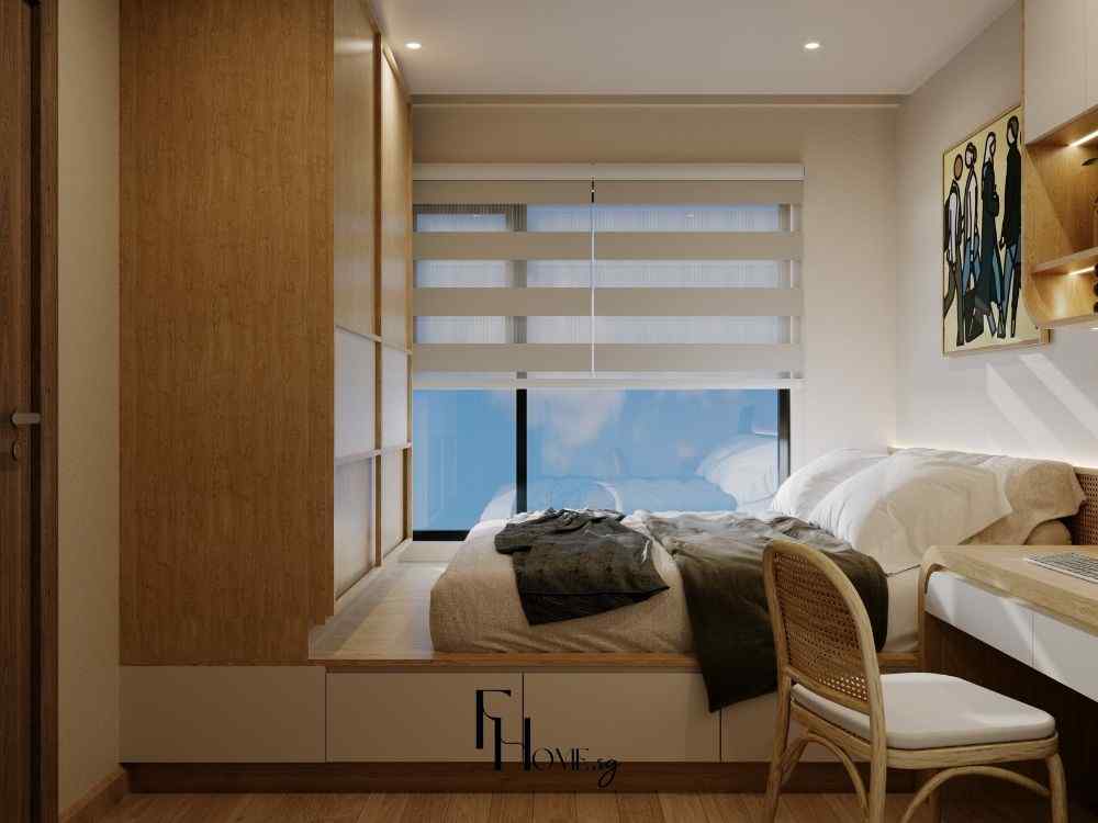 Phòng ngủ nhỏ gọn với giường nâng sát cửa sổ, tủ âm tường gỗ sáng