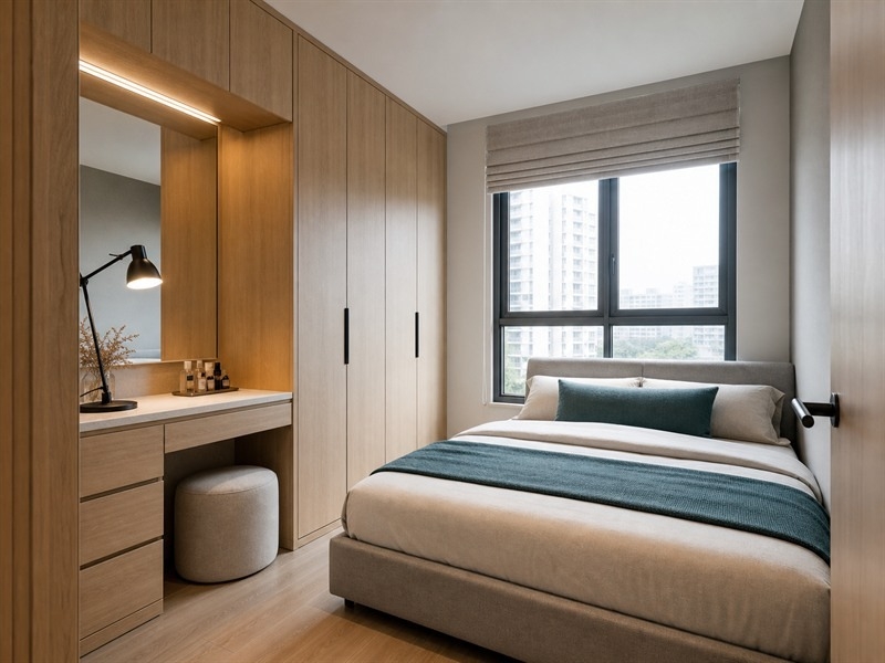 Phòng ngủ nhỏ hiện đại có tủ và bàn trang điểm liền khối