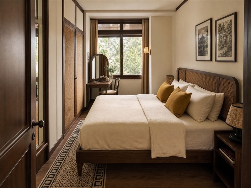 Thiết kế nội thất phòng ngủ nhỏ Indochine có mây đan và gối vàng đất