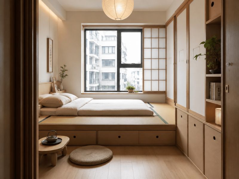 phòng ngủ nhỏ phong cách Nhật Bản giường thấp chiếu Tatami tủ âm tường