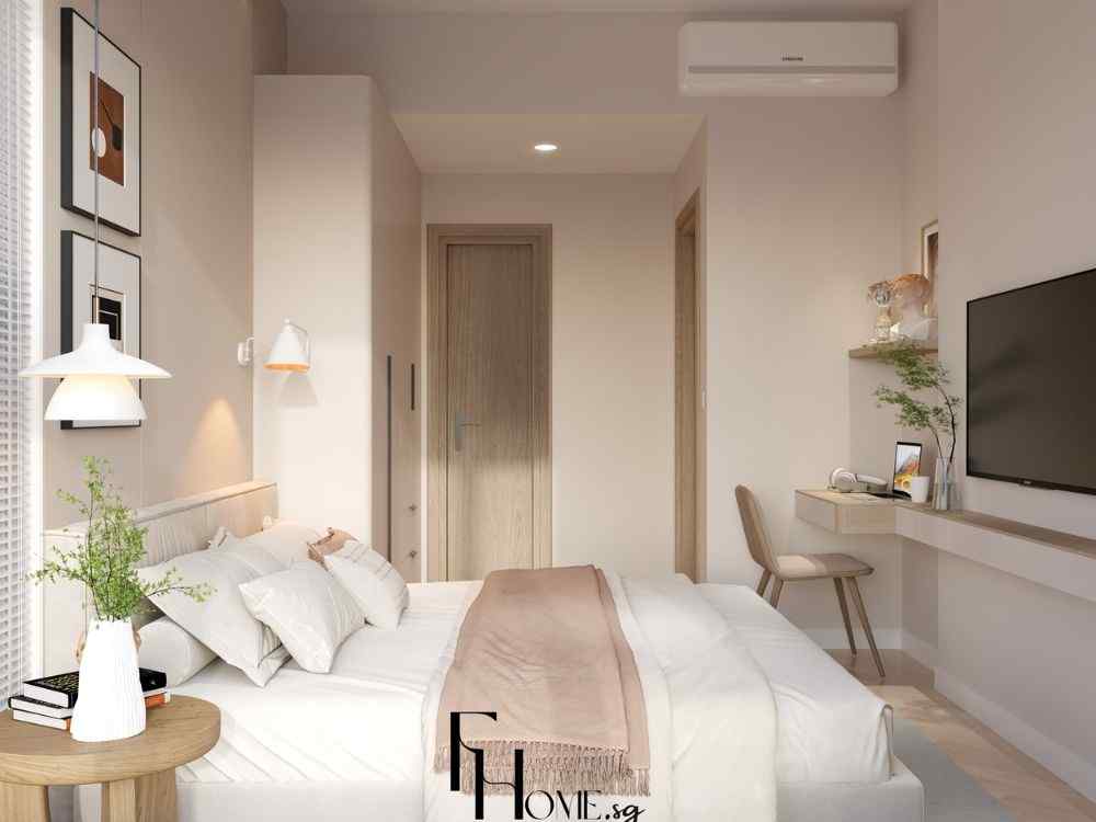 Phòng ngủ nhỏ phong cách Minimalism có giường đơn gọn gàng, bàn làm việc treo tường