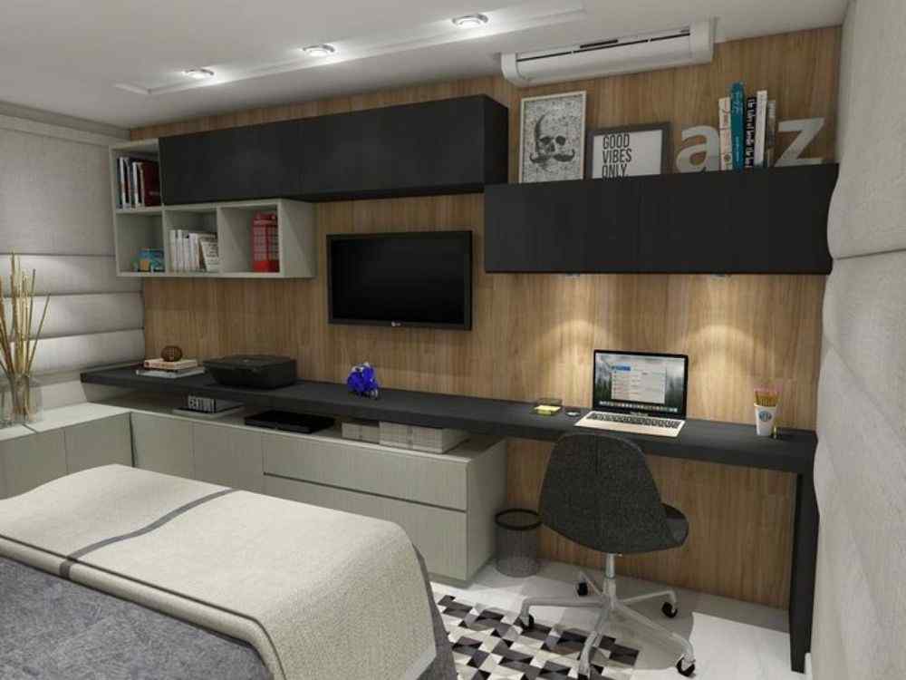 Phòng ngủ nhỏ phong cách tối giản, bàn làm việc gắn tường và tông màu xám gỗ ấm áp