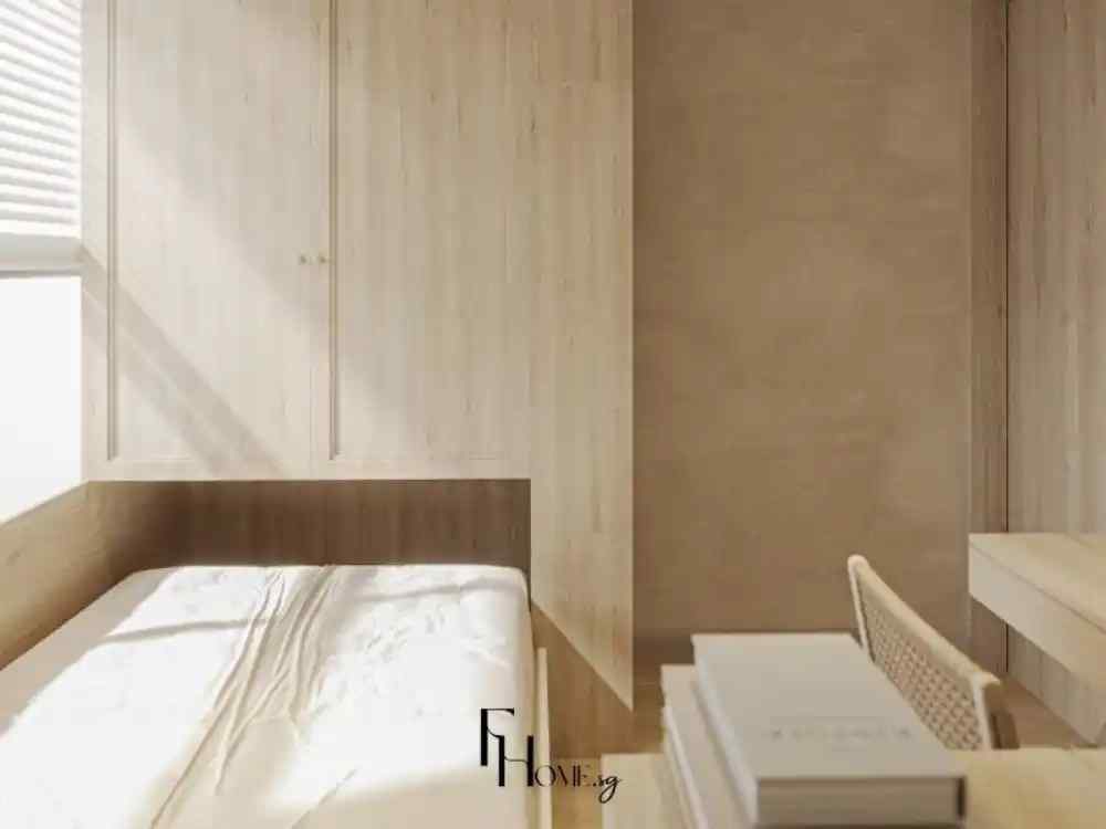 Phòng ngủ nhỏ với tông màu gỗ sáng, có giường đơn đặt cạnh cửa sổ và tủ quần áo âm tường