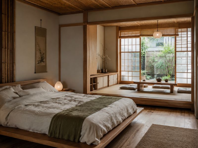 phòng ngủ nội thất phong cách Nhật Bản vật liệu gỗ tự nhiên tre và vải linen