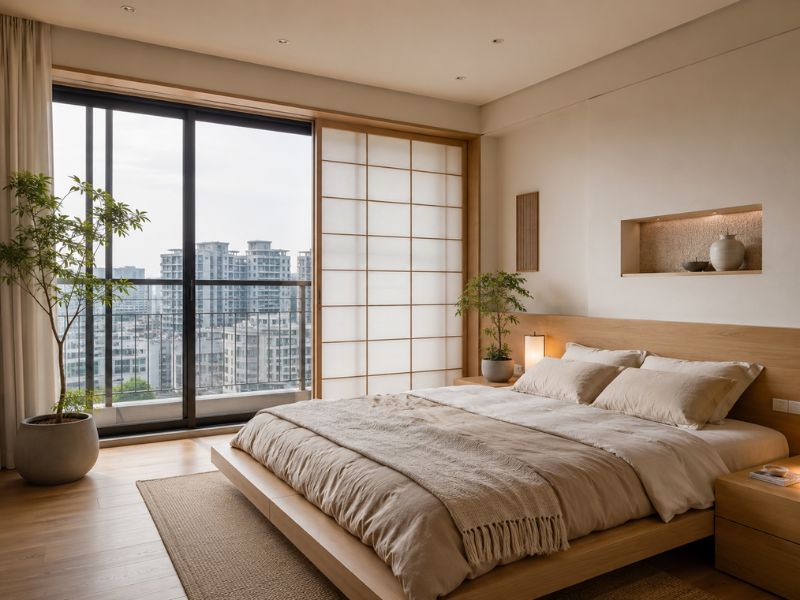 phòng ngủ phong cách Nhật Bản giường thấp cửa Shoji cây xanh ban công