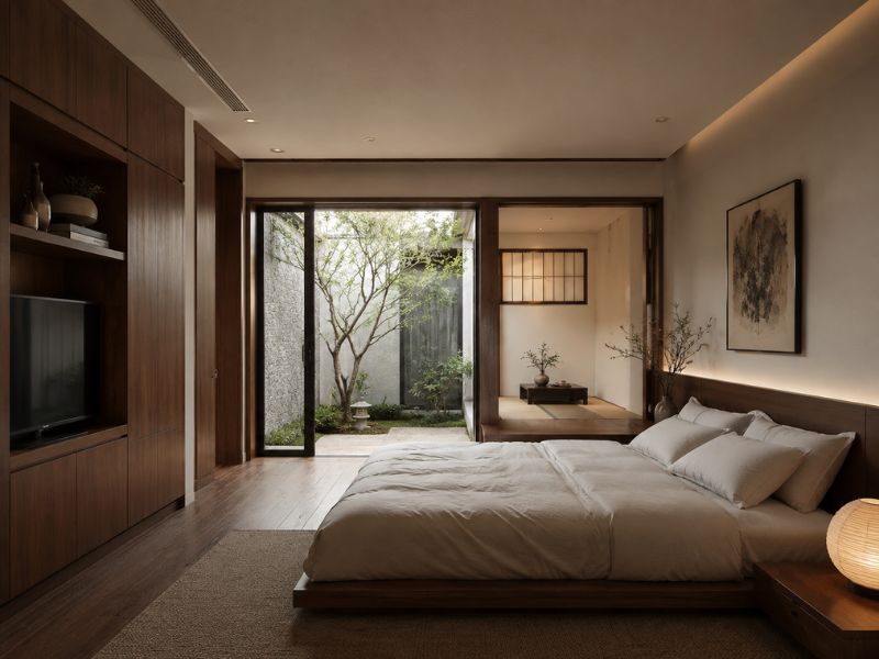 phòng ngủ phong cách Nhật Bản giường thấp sân vườn cửa kính