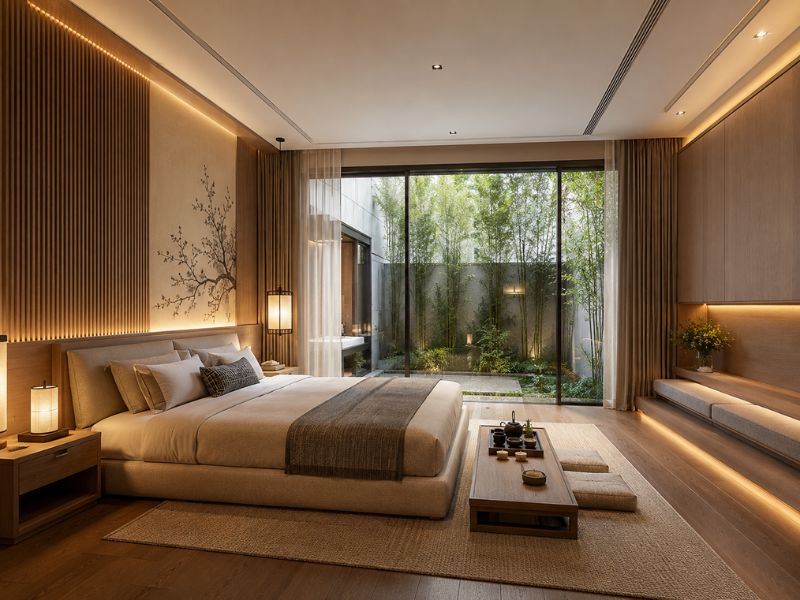 phòng ngủ phong cách Nhật Bản hiện đại giường thấp view sân vườn