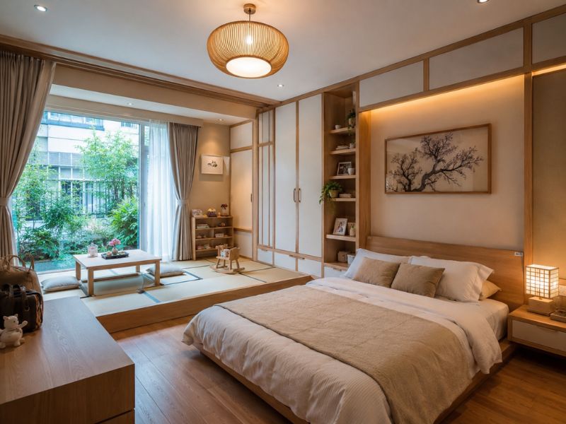 phòng ngủ phong cách Nhật Bản kết hợp góc trà chiếu Tatami