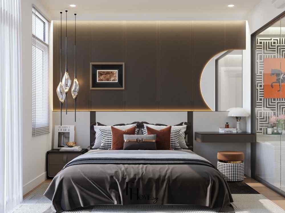 Phòng ngủ phong cách hiện đại có giường đôi và bàn trang điểm tròn