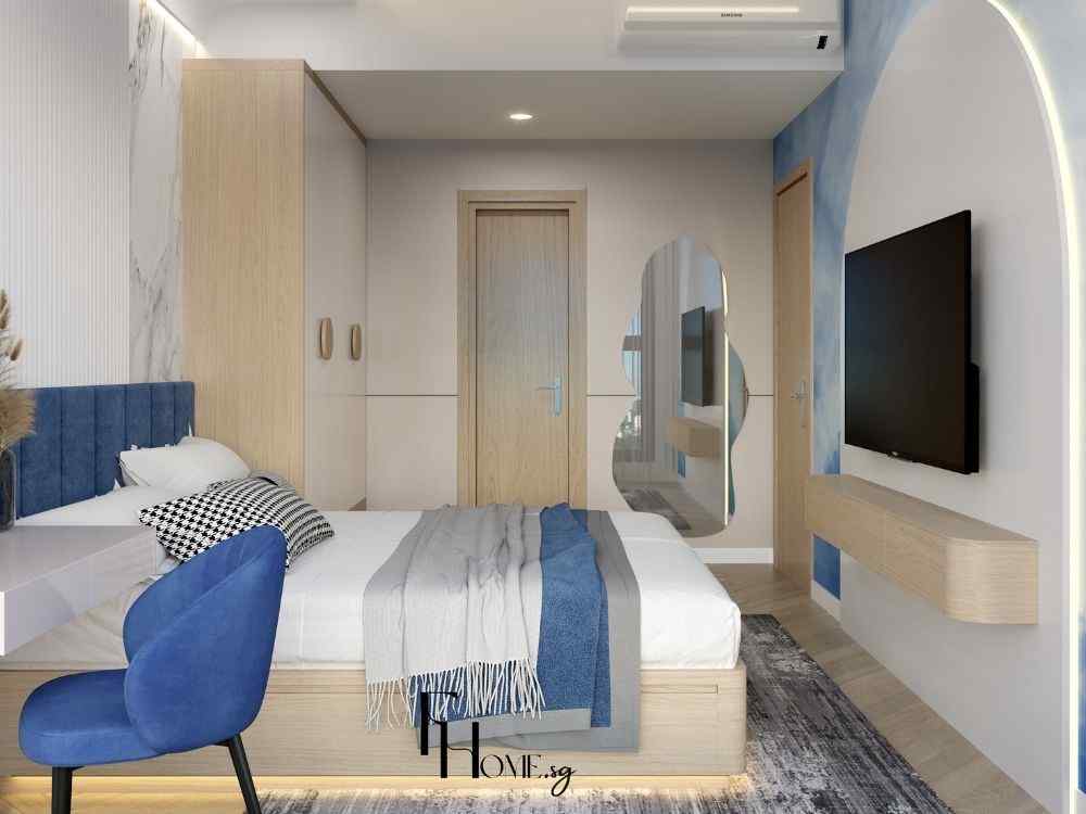 Phòng ngủ phong cách hiện đại, đầu giường nhung xanh, tường trang trí loang mây