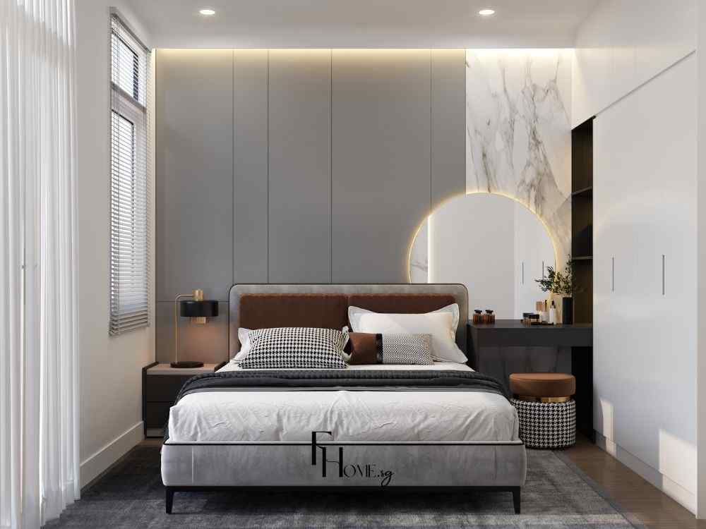 Phòng ngủ phong cách hiện đại phối màu xám trắng, có bàn trang điểm bo tròn và đèn LED hắt sáng ấm áp