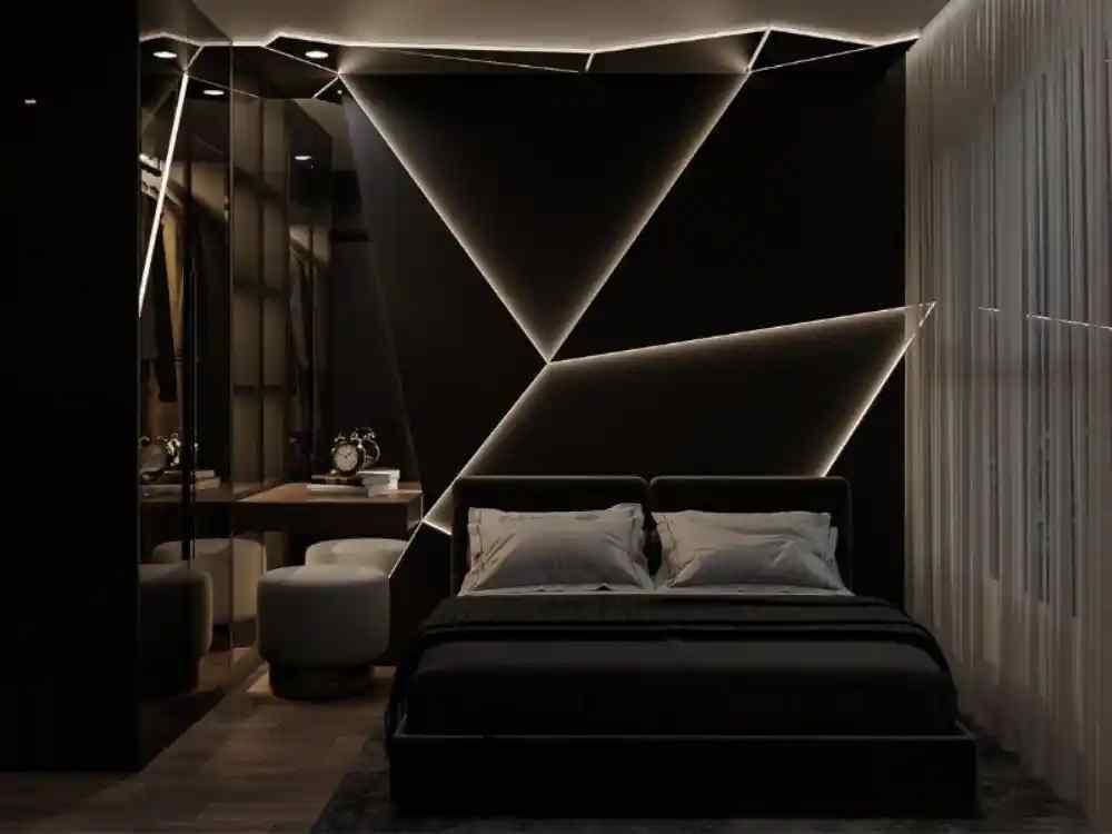 Phòng ngủ phong cách hiện đại tông đen, tường LED hình học sáng, giường và nội thất tối màu