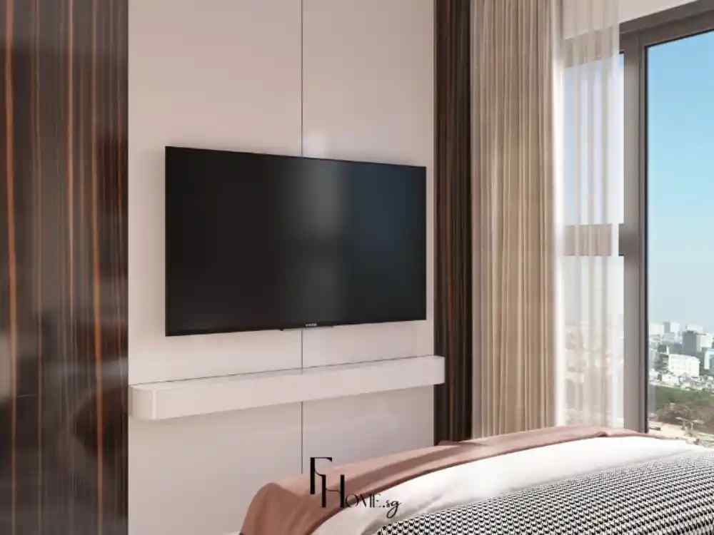 Phòng ngủ phong cách hiện đại với tông màu be và nâu trầm, tivi treo tường đối diện giường, rèm cửa xuyên sáng