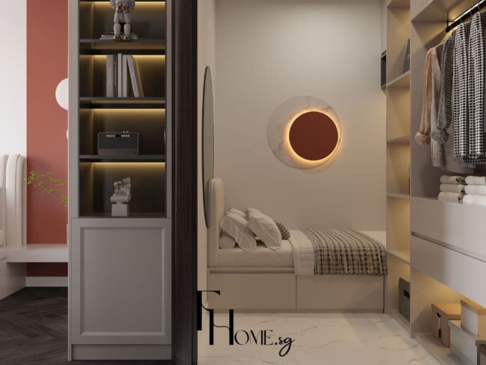 Phòng ngủ phong cách hiện đại với tông màu trung tính, giường đơn gọn gàng liền tủ