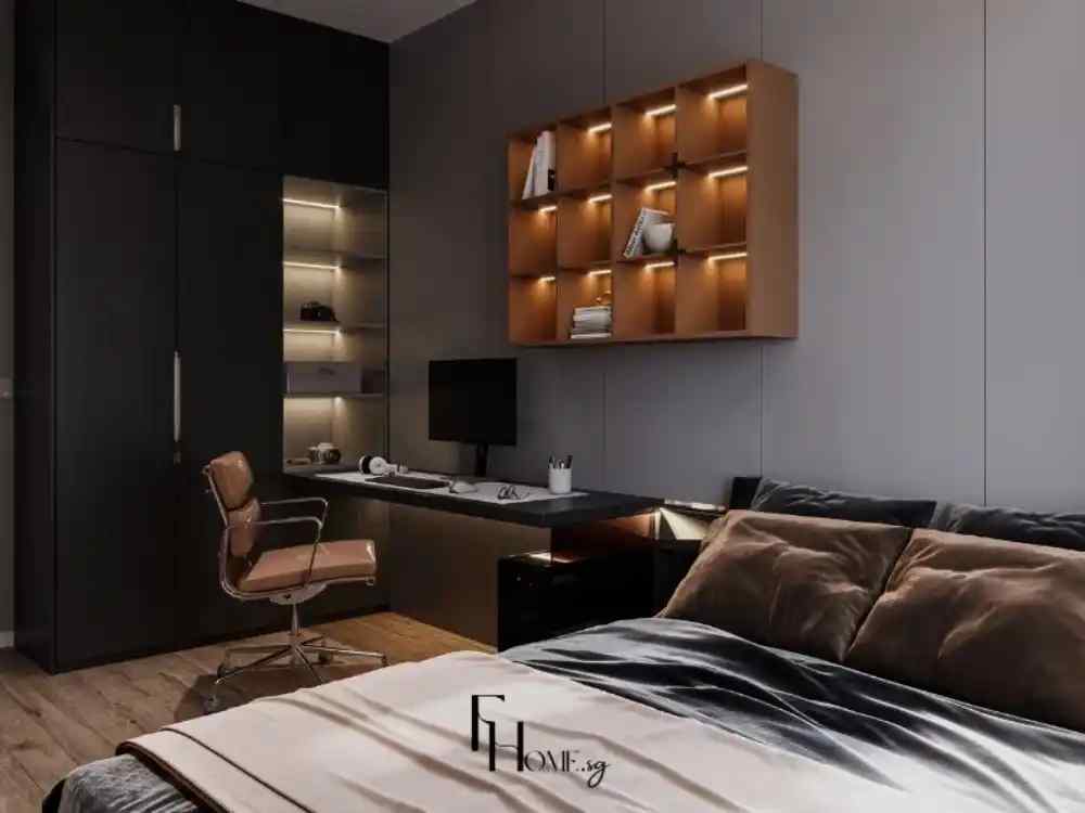 Phòng ngủ phong cách hiện đại với tủ âm tường tối màu, bàn làm việc liền kệ trang trí có đèn
