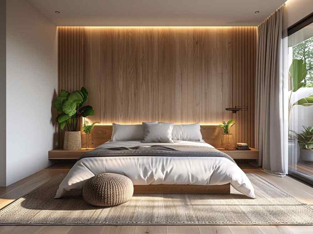 Phòng ngủ phong cách Japandi, đầu giường ốp gỗ, ánh sáng hắt ấm áp, cây xanh trang trí, gam màu trung tính
